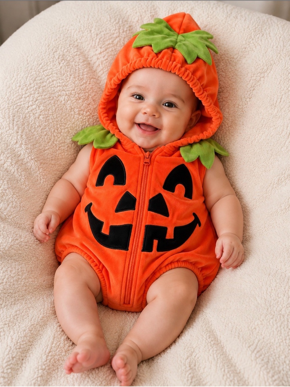 Infant Pumpkin One Piece Costume with Hood Sleeveless Baby Size 3-6 Months